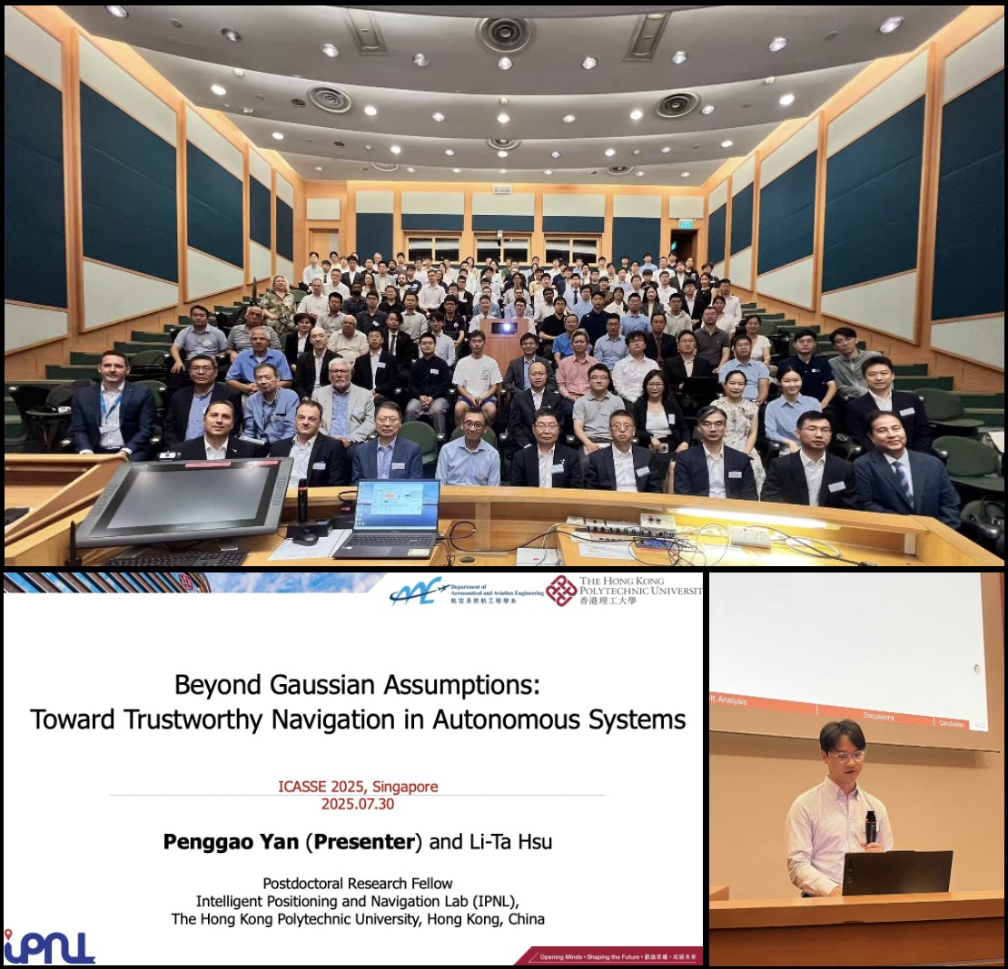 Collage of Penggao Yan presenting Beyond Gaussian Assumptions at ICASSE 2025 and the conference audience