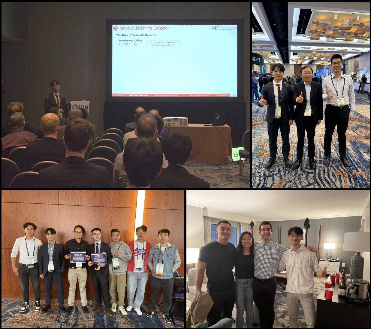 Collage of Penggao Yan presenting a jackknife approach to GNSS integrity monitoring at ION GNSS+ 2025 and meeting colleagues
