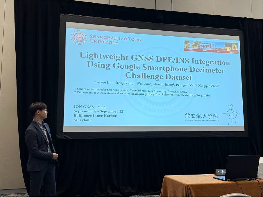 Penggao Yan presenting Lightweight GNSS DPE/INS Integration at ION GNSS+ 2025