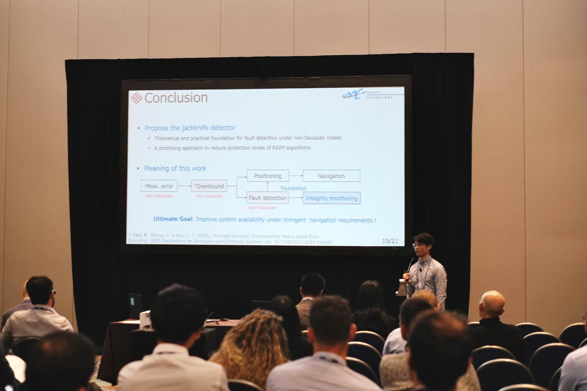 Penggao Yan presenting the jackknife GNSS fault detector at ION GNSS+ 2024