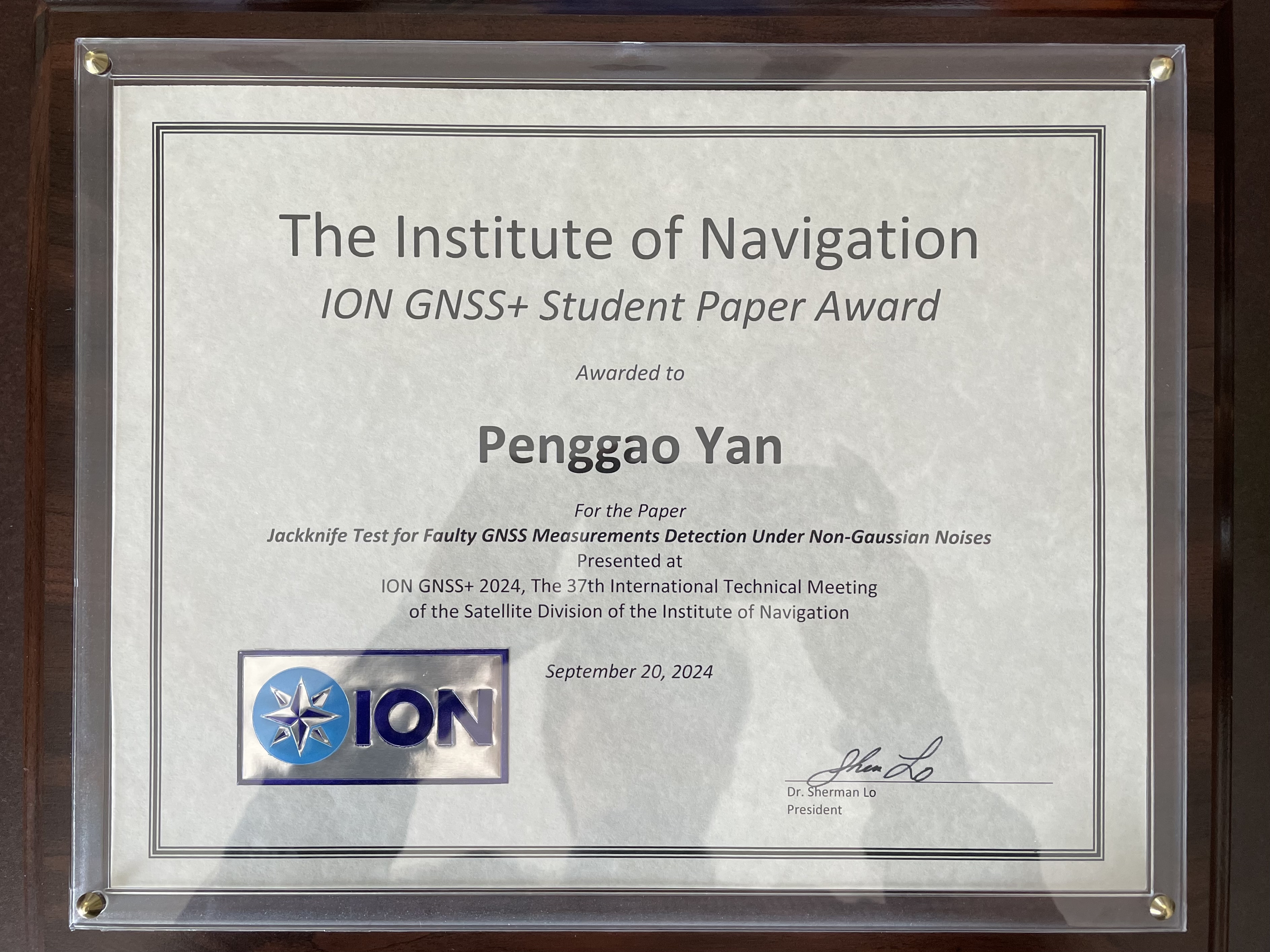 ION GNSS+ 2024 Student Paper Award certificate awarded to Penggao Yan