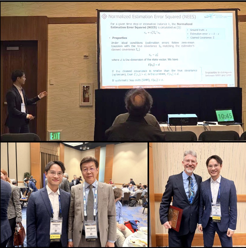Collage of Penggao Yan presenting DGPS positioning credibility at ION ITM 2026 and meeting conference colleagues